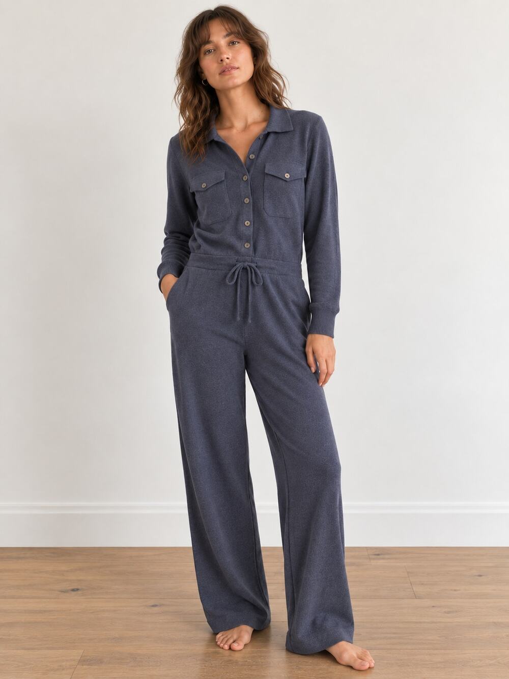 CAARA Knit Jumpsuit Medium Blue Long Sleeve Wide Leg Utility Pocket Drawstring